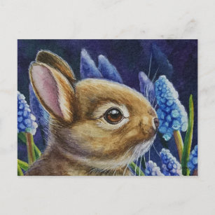 Carte Postale Cottontail Rabbit & Graphe Hyacinth Aquarelle Art