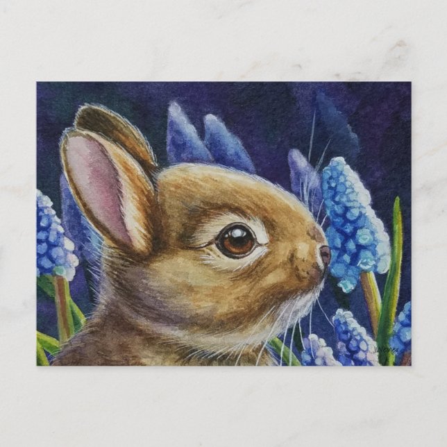 Carte Postale Cottontail Rabbit & Graphe Hyacinth Aquarelle Art (Devant)