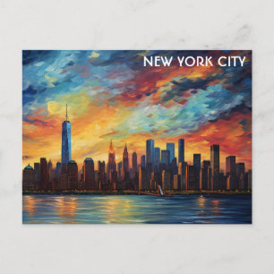 Carte Postale Coucher de soleil aquarelle sur la skyline de New