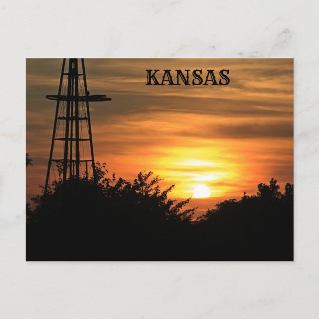 Carte Postale Coucher de soleil au Kansas avec silhouette d'éoli (Devant)