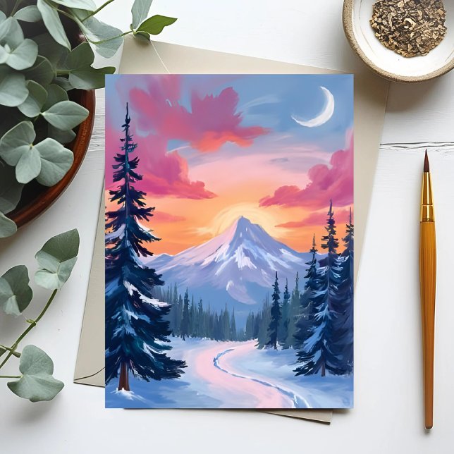 Carte Postale Coucher de soleil au sommet enneigé | Peinture de  (Créateur téléchargé)