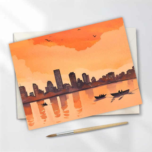 Carte Postale Coucher de soleil Cityscape | Aquarelle Orange Cit (Créateur téléchargé)