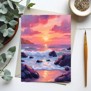 Carte Postale Coucher de soleil corail rose   Aquarelle vagues o