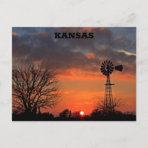 Carte Postale Coucher de soleil de Kansas avec arbre et moulin à