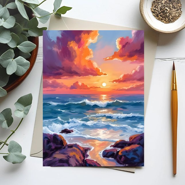 Carte Postale Coucher de soleil doré sur l'océan | Aquarelle Côt (Créateur téléchargé)