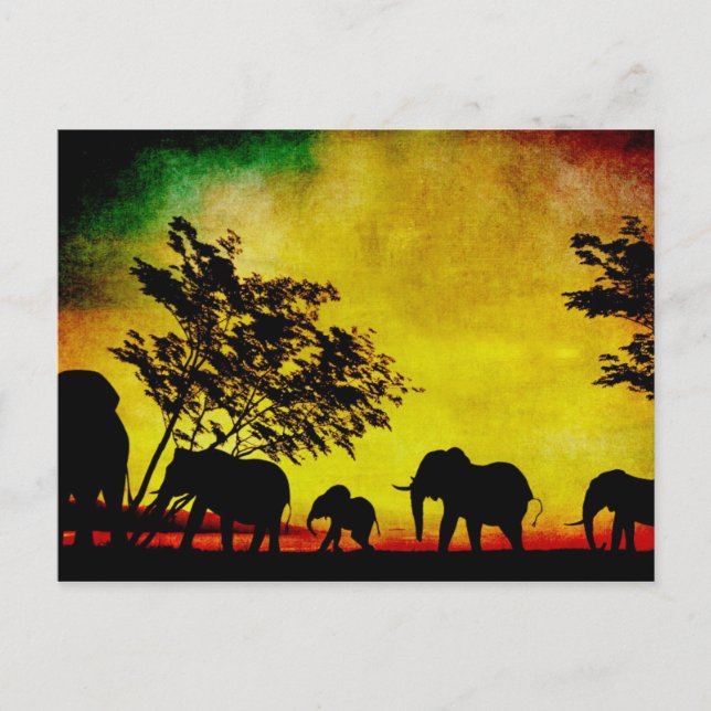 Carte postale Coucher de soleil éléphants (Devant)