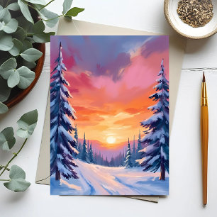 Carte Postale Coucher de soleil enneigé d'hiver   Peinture à l'a