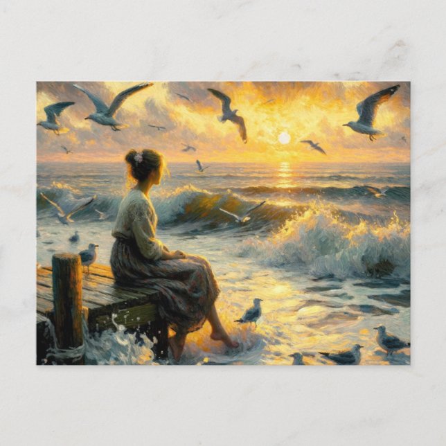 Carte Postale Coucher de soleil et mouettes (Devant)