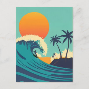Carte Postale Coucher de soleil et vagues de surf vintage à Hawa