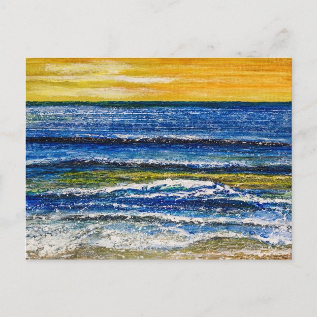 Carte postale - Coucher de soleil et vagues marine (Devant)