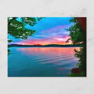 Carte Postale coucher de soleil fixe, rose et bleu sur le lac