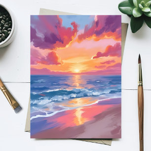 Carte Postale Coucher de soleil océan Aquarelle Vagues Peinture 