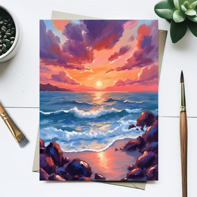 Carte Postale Coucher de soleil océanique aquarelle plage côtièr (Créateur téléchargé)