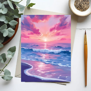 Carte Postale Coucher de soleil océanique rose vague aquarelle