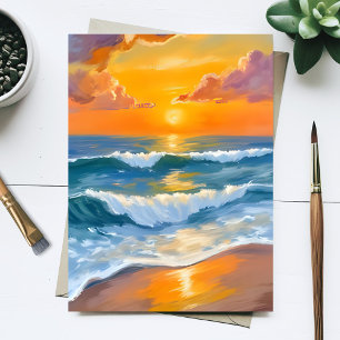 Carte Postale Coucher de soleil orange sur la mer Aquarelle Vagu