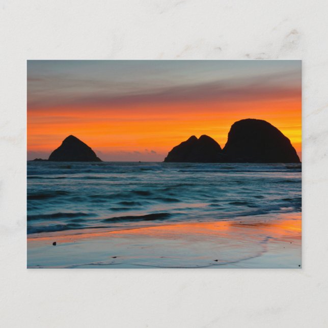 Carte Postale Coucher de soleil, piles de mer, Oceanside, Oregon (Devant)