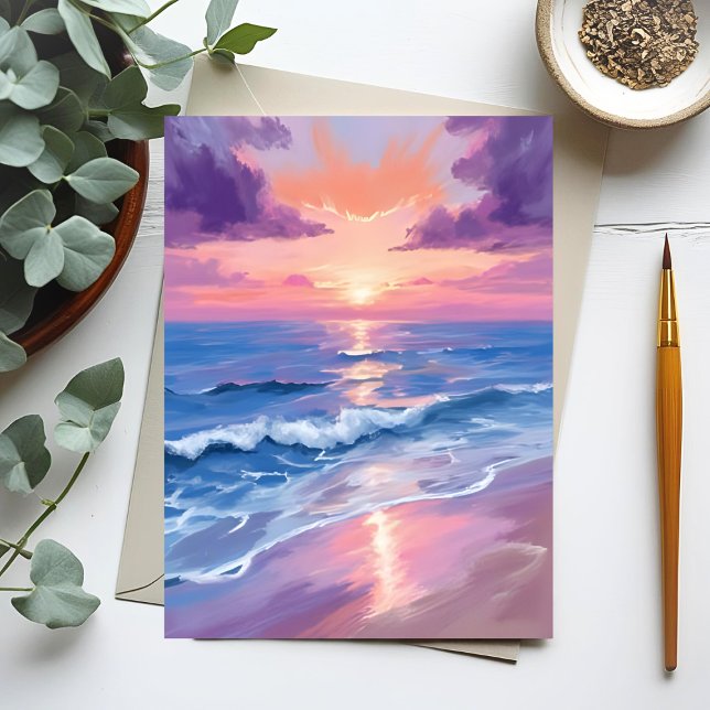 Carte Postale Coucher de soleil Plage violet Océan Aquarelle (Créateur téléchargé)