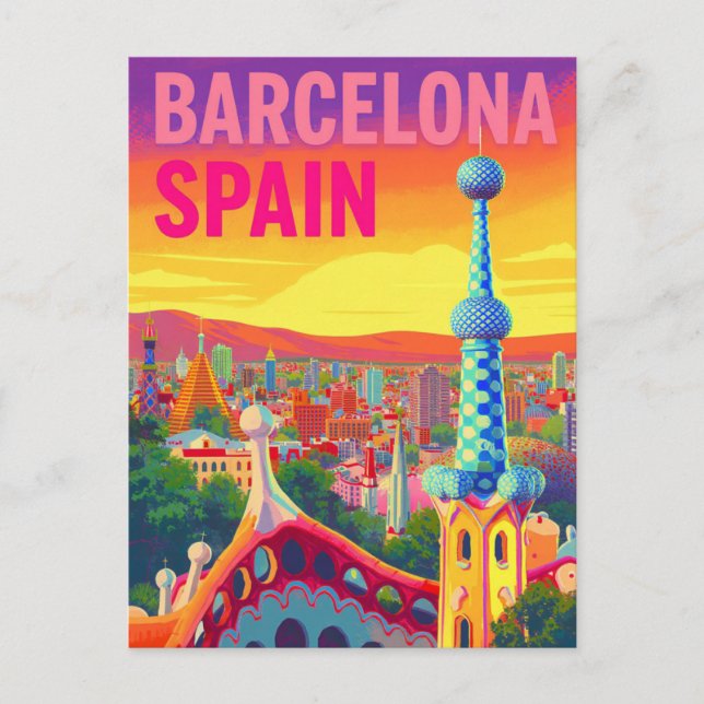 Carte Postale Coucher de soleil rétro Barcelone Gaudi (Devant)