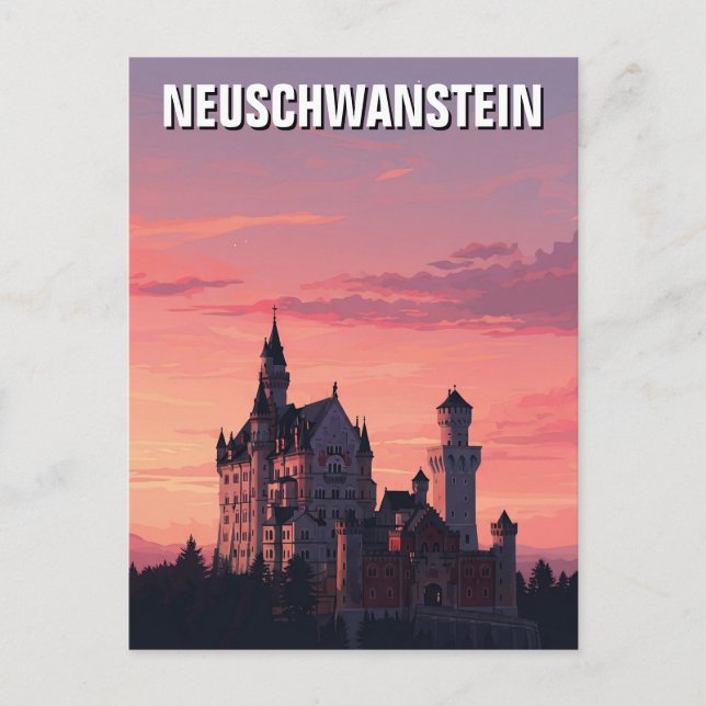 Carte Postale Coucher de soleil rose Neuschwanstein Château Alle (Devant)