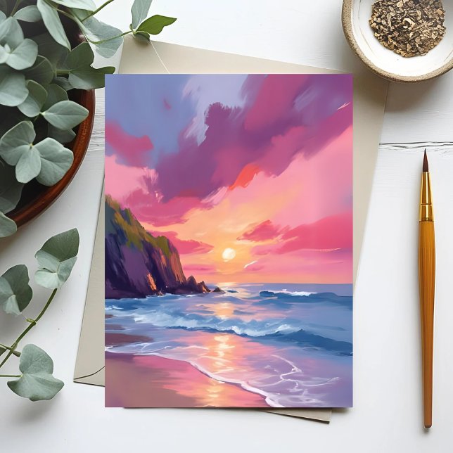 Carte Postale Coucher de soleil rose Océan Vagues de plage Aquar (Créateur téléchargé)