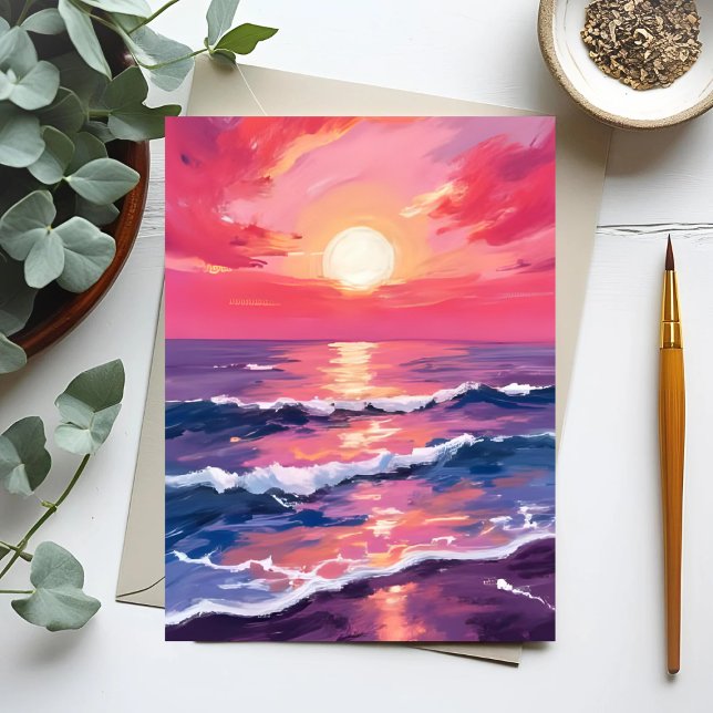 Carte Postale Coucher de soleil rose vagues d'océan violet aquar (Créateur téléchargé)