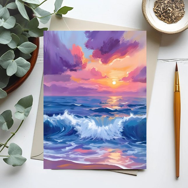 Carte Postale Coucher de soleil rose violet | Aquarelle reflets  (Créateur téléchargé)