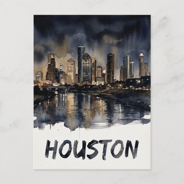 Carte Postale Coucher de soleil sur Houston à l'aquarelle (Devant)