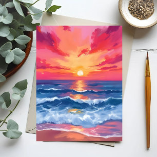 Carte Postale Coucher de soleil sur la côte fuchsia Aquarelle