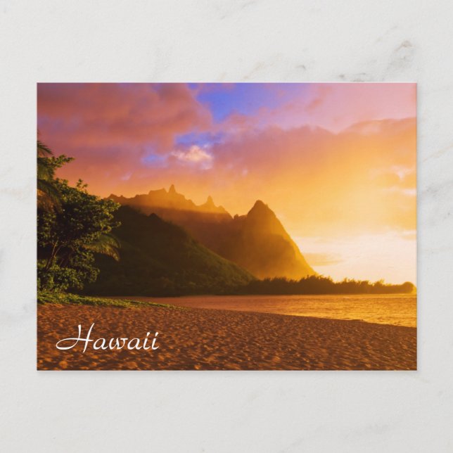 Carte Postale Coucher de soleil sur la plage dorée, Hawaï (Devant)