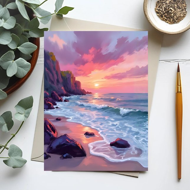 Carte Postale Coucher de soleil sur la plage rose pastel Océan V (Créateur téléchargé)