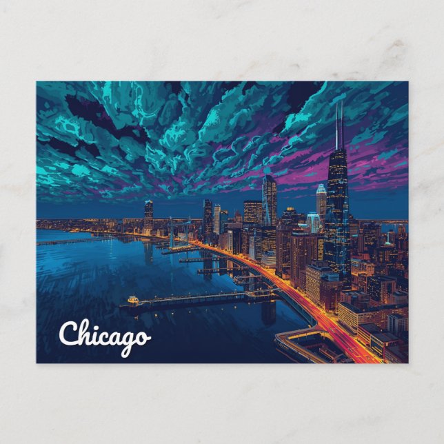 Carte Postale Coucher de soleil sur la skyline de Chicago (Devant)