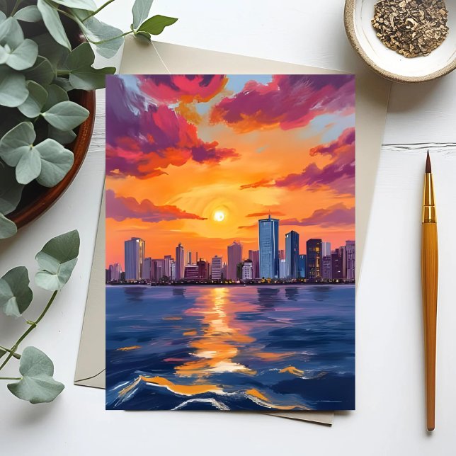 Carte Postale Coucher de soleil sur la skyline de la ville à l'a (Créateur téléchargé)