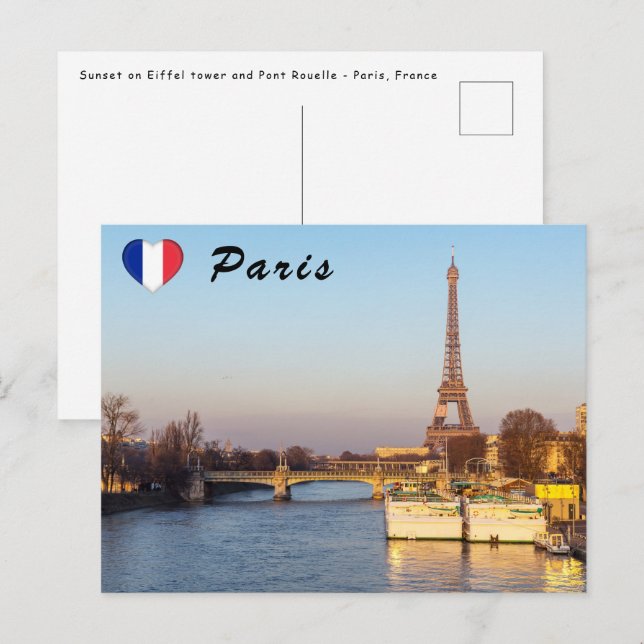 Carte Postale Coucher de soleil sur la Tour Eiffel et le Pont Ro (Devant / Derrière)
