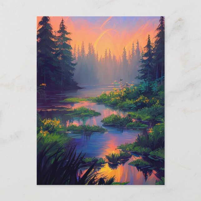 Carte Postale Coucher de soleil sur l'Enchantant forêt marécageu (Devant)