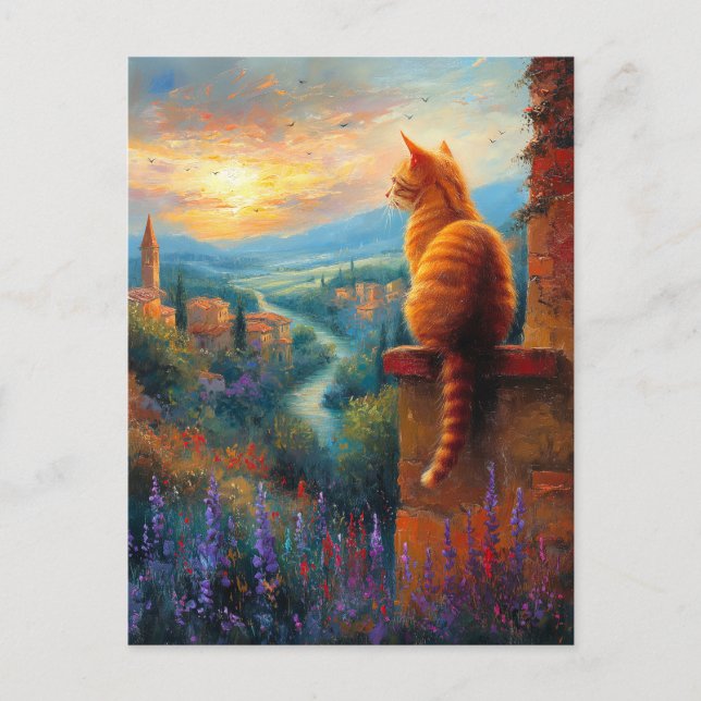 Carte Postale Coucher de soleil toscan avec un chat roux (Devant)