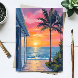 Carte Postale Coucher de soleil tropical Palmier Plage Océan Aqu