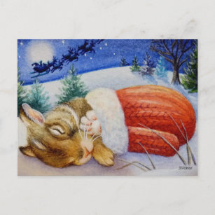 Carte Postale Couches de lapin en Père Noël l'aquarelle Mitten A