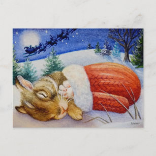 Carte Postale Couches de lapin en Père Noël l'aquarelle Mitten A