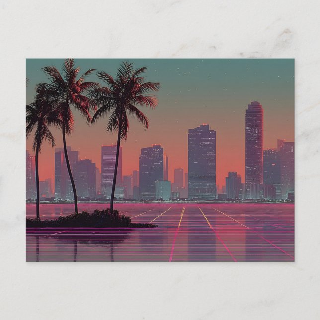 Carte Postale Coucoucher de soleil Retro Synthwave Cityscape (Devant)