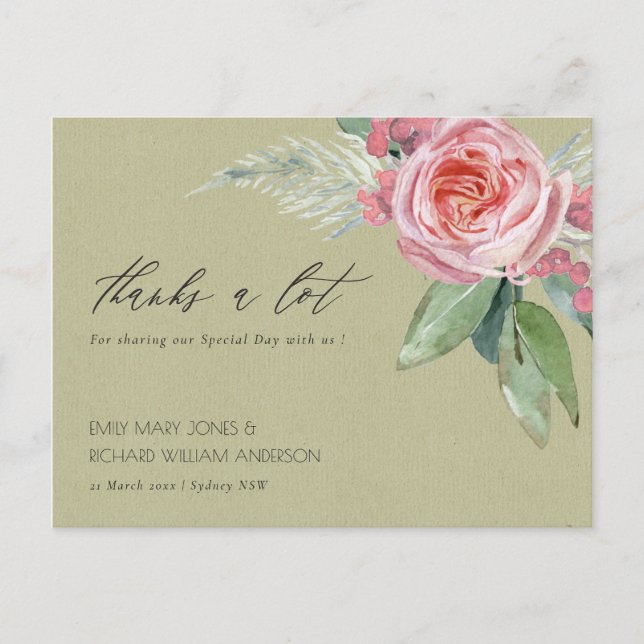 CARTE POSTALE COULEUR D'EAU FLEURS ROSES MERCI FOLIAGE VERT (Devant)