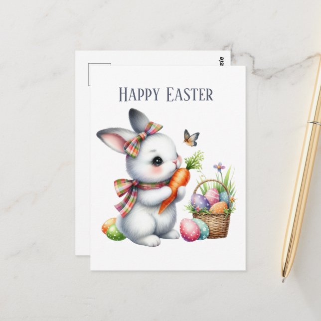 Carte Postale Couleur d'eau mignonne Message de lapin de Pâques (Devant/Arrière en situation)