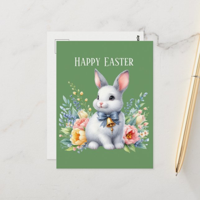 Carte Postale Couleur d'eau mignonne Message de lapin de Pâques (Devant/Arrière en situation)