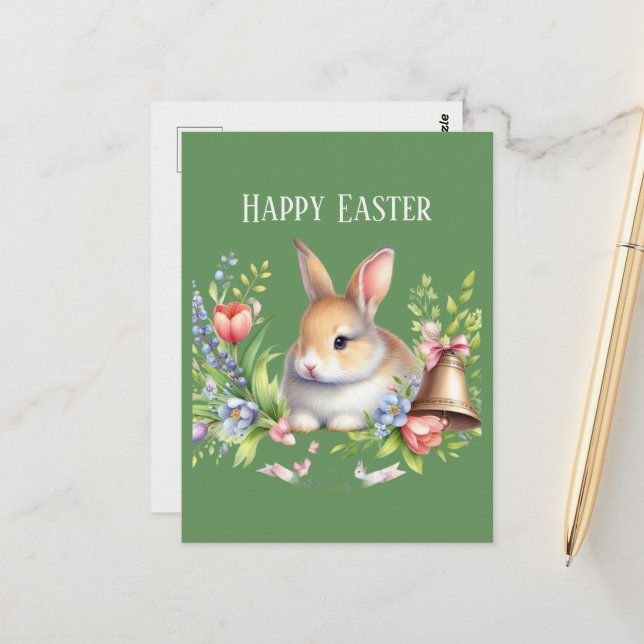 Carte Postale Couleur d'eau mignonne Message de lapin de Pâques (Devant/Arrière en situation)