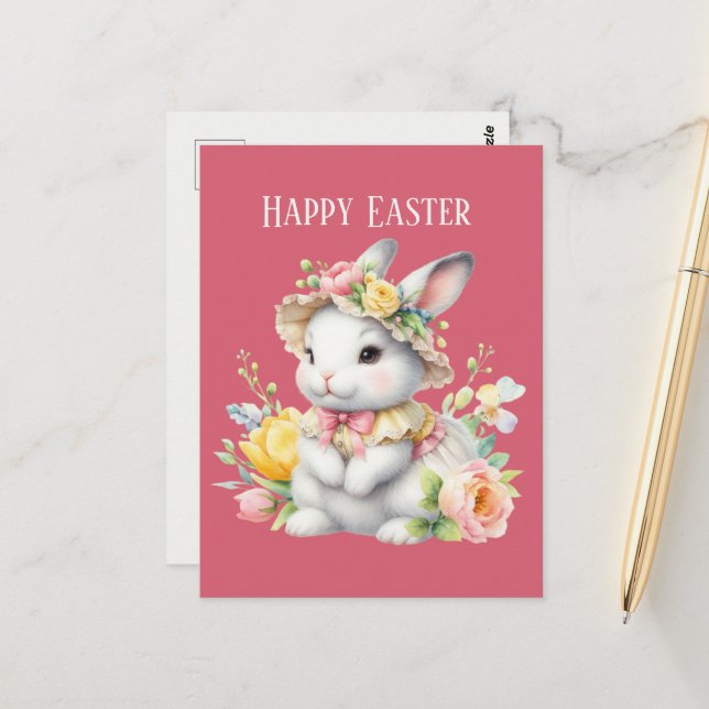 Carte Postale Couleur d'eau mignonne Message de lapin de Pâques (Devant/Arrière en situation)