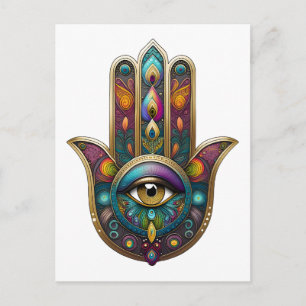Carte Postale Couleurs de paon Hamsa avec Troisième Œil en or