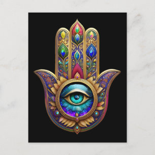 Carte Postale Couleurs Paon Or Hamsa Saphir Vert Troisième Œil