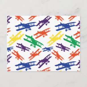 Carte Postale Couleurs primaires Vintage Motif d'avion Biplane
