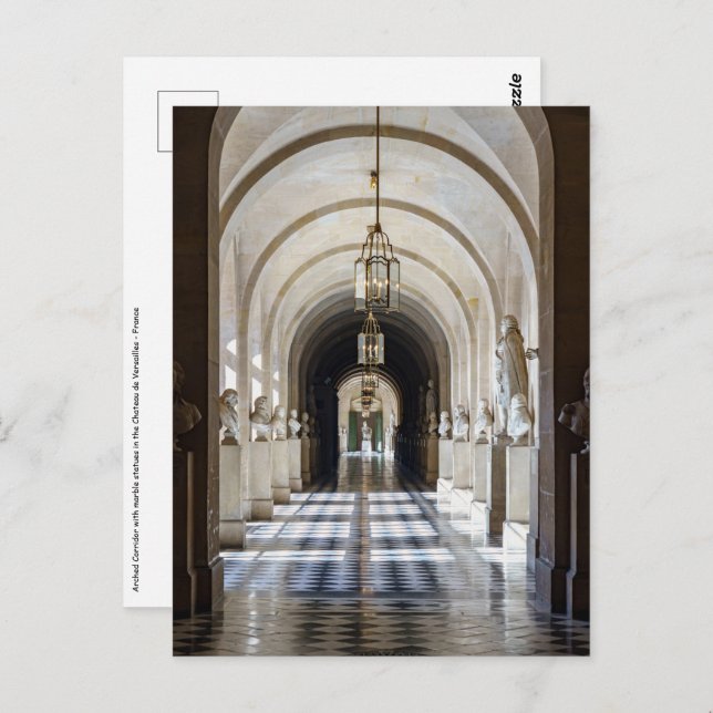 Carte Postale Couloir avec statues dans le Château de Versailles (Devant / Derrière)