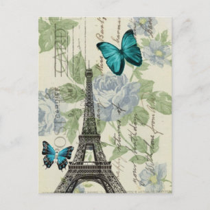 Carte Postale Country Blue floral butterfly paris eiffel tower