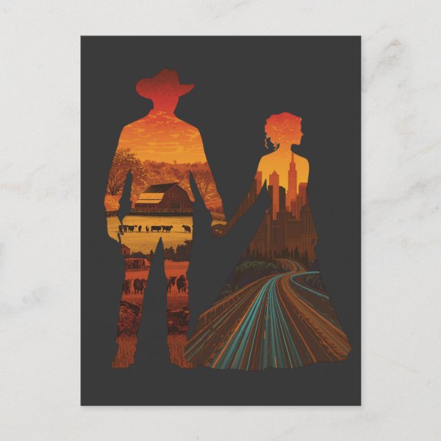 Carte Postale Country Cowboy & City Girl Silhouette (Devant)